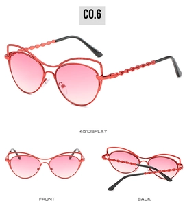 Vue sous trois angles de lunettes de soleil œil-de-chat rouges avec verres dégradés