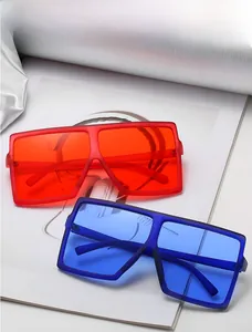 Detail view of oversized square frame sunglasses in matte red and blue finish