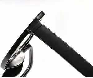 Macro detail of glossy black square eyeglass frames showing temple and sturdy hinges