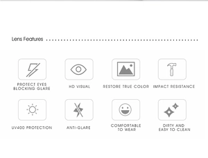 Detailed lens features of fashion oversized sunglasses showing UV400 and HD vision specs