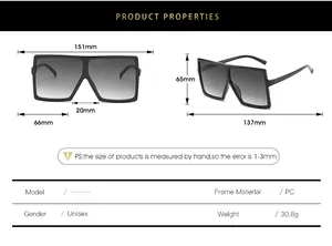 Detailed size specifications for oversized square sunglasses showing frame measurements