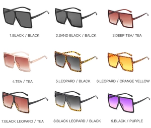 Nine colorful oversized square sunglasses variations with thick frames and gradient lenses