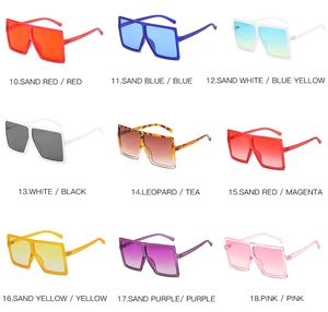 Detailed grid of oversized square sunglasses in nine vibrant colors and gradient lenses