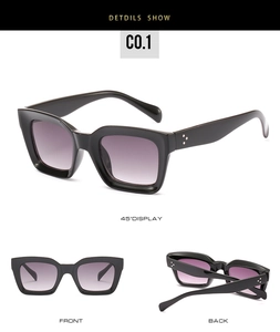 Vue détaillée sous trois angles de lunettes de soleil carrées avec verres dégradés violets
