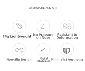 Features of the 14g metal round glasses frame showing lightweight and anti-slip properties