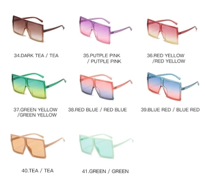 Detailed grid of oversized square sunglasses featuring gradient lenses in eight colors