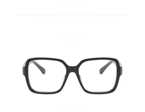 Close-up front view of chunky black square frame glasses with clear lenses for a trendy look
