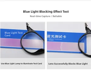Blue light blocking test showing clear lens protection against violet light on test card