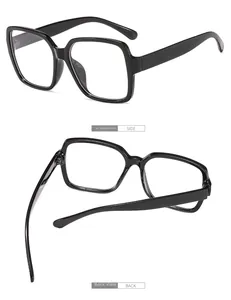 Detailed side and back views of black retro oversized square glasses frame with clear lenses