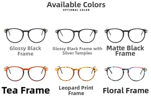 Detailed selection of round glasses frames in black, tortoiseshell and tea color