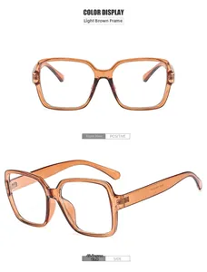 Detail view of transparent amber brown square eyeglasses from front and 45-degree angles
