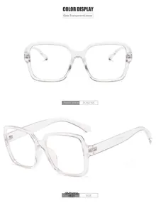 Macro view of clear square eyeglass frames showing front and 45-degree side angles