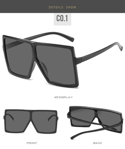 Front and back views of glossy black oversized square sunglasses with durable thick temples