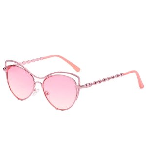 Lunettes de soleil œil de chat pour femmes avec monture en métal rose et branches chaîne