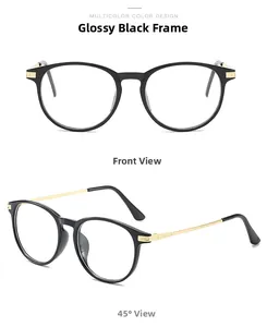 Bright black round glasses frame with gold metal temples shown from front and side angles
