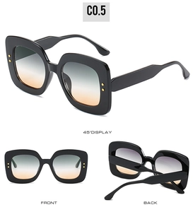 Vue triple de lunettes de soleil carrées noires avec verres dégradés et rivets dorés