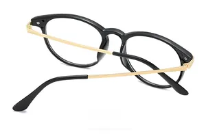 Detailed back view of round eyewear frames with black rims and gold metal hinges