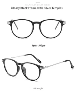 Detail of round black frame glasses with silver metal temples and non-slip ear pads