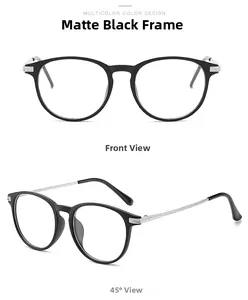 Front and 45-degree views of retro sand black round frames with silver temple details