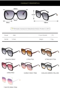 Detailed size specifications and color options for large square frame PC sunglasses