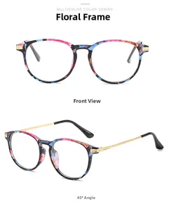 Macro view of round floral print eyeglass frames with slim gold metal temples