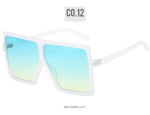 Detailed 45-degree view of white matte oversized sunglasses with blue yellow gradient lenses