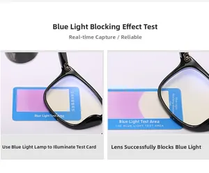 Dettaglio che mostra il test del filtro luce blu con montatura nera e scheda di prova