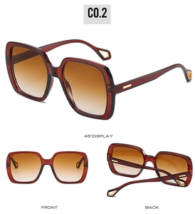 Three-view display of square amber sunglasses with gold accents and gradient brown lenses
