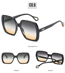 Detailed multi-angle views of square black sunglasses with gradient lenses and gold metal trim