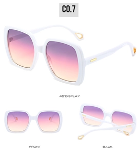 Three-way view of white square sunglasses with gradient lenses and gold metal accents