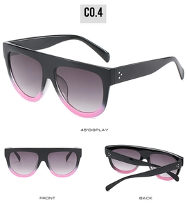 Detailed views of flat top oversized sunglasses with black-to-pink gradient and metal studs