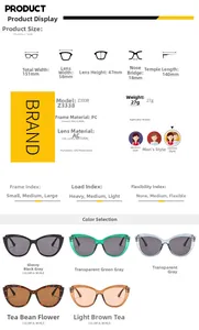 Detailed size chart and specifications for oversized cat-eye sunglasses with PC frames