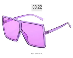 Detail view of purple oversized square sunglasses at a 45-degree angle display