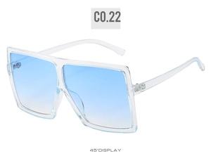 45-degree angle view of oversized square sunglasses with transparent blue gradient lenses