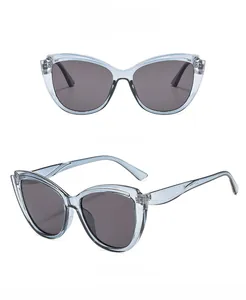 Detailed views of transparent grey cat-eye sunglasses with dark grey lenses and metal hinges