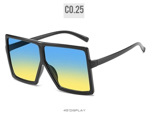 45-degree angle display of oversized square sunglasses with blue-yellow gradient lenses