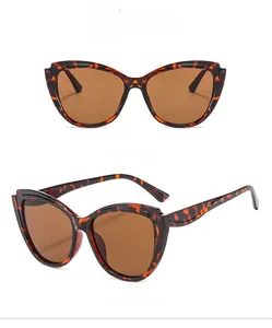 Detail view of retro leopard print cat-eye sunglasses with tortoiseshell texture and brown lens