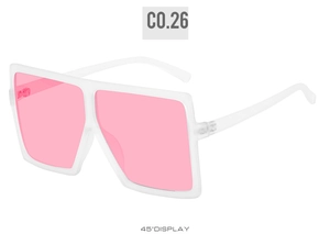 45-degree angle display of oversized square sunglasses with white frosted frames and pink lenses