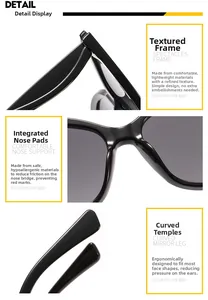 Detail view of smooth hinges, integrated nose pads and ergonomic temples on sunglasses