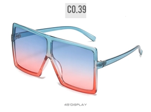 Detailed 45-degree view of oversized square sunglasses with blue and pink gradient frames