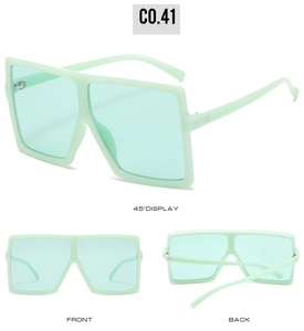 Three-view display of mint green oversized square sunglasses from front, back, and side angles