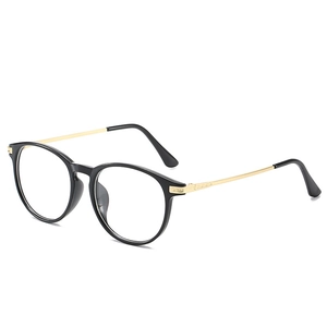 Retro black round optical glasses frame with gold metal temples shown at a 45-degree angle