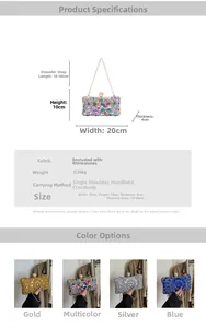 Detailed size chart and multi-color options for this rhinestone evening clutch bag