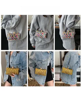 Detailed views of rhinestone evening clutch with pearl clasp and chain strap on models