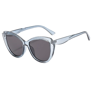 Modern cat-eye sunglasses with translucent blue-grey frames and dark grey polarized lenses