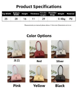 Size chart and specifications for the PU leather bowling shoulder bag with six colors