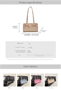 Detailed size specifications and color variants of the bow-knot shoulder bag