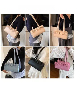 Collage of fashion bow shoulder bags showing various colors on models for crossbody wear