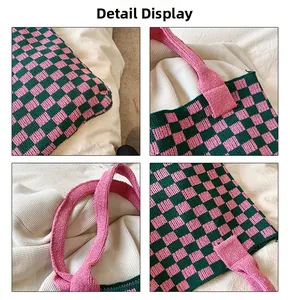 Détails de la texture tricotée à carreaux rose et vert et coutures solides de la bandoulière