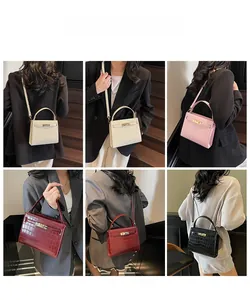 Detailed model showcase of crocodile pattern crossbody bags in four vibrant colors